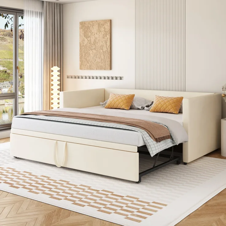 Ausziehbares Schlafsofa Samt 90x200 zu 180x200 cm Modernes Polsterbett mit Lattenrost Platzsparendes Gästebett Jugendbett Zwei Einzelbetten Kombination Flexibles Wohnzimmer Sofa