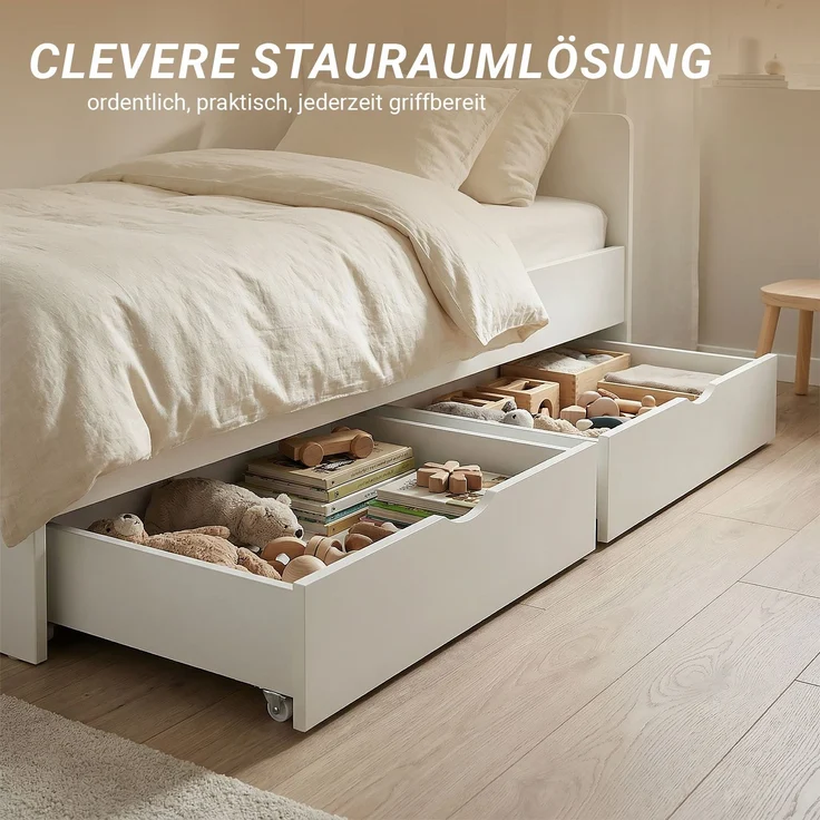 2 Schubläden Bett Bettkästen Auszug Aufbewahrung mit Rollen Holz Weiß Schubkästen – Bild 5