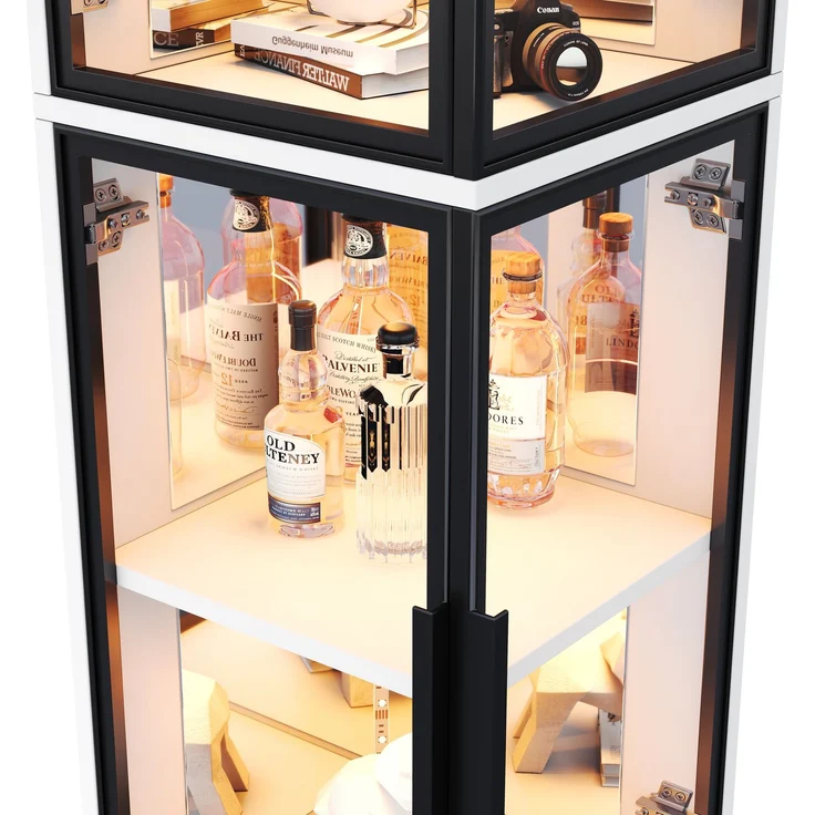 ZUBALIYA Vitrine mit Glas 44 × 42 × 164 cm, Spiegelrückwand, Eckvitrine mit doppelseitiger Glaspräsentation, LED-Beleuchtung mit Farbwechsel, Glasvitrine für Sammlerstücke, Bücher, Wein & Dekoration, Weiß – Bild 5