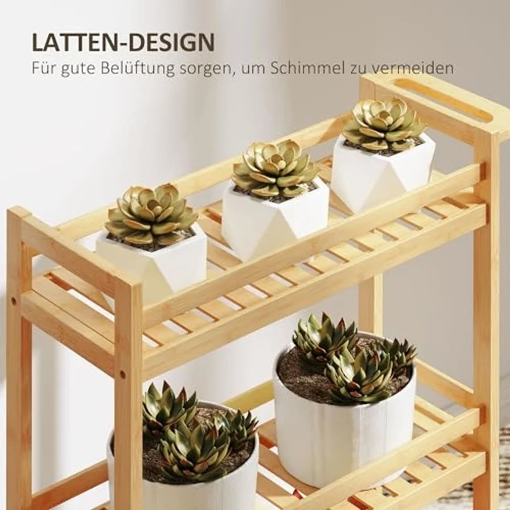 HOMCOM Servierwagen 3-stöckig, aus Bambus, mit Rolle, Griff, (Aufbewahrungswagen, 1 St, Küchenwagen), für Büro, Wohnzimmer, Küche, 55 x 20 x 75 cm, Naturholz – Bild 4