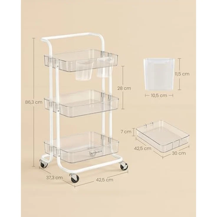 SONGMICS Rollwagen, 3 Ebenen, Servierwagen, Küchenwagen mit Griff, 2 kleine Einhängefächer, 2 Bremsen, Ablagefächer aus Kunststoff, einfacher Aufbau, Schlafzimmer, weiß-transparent BSC067W03 – Bild 5