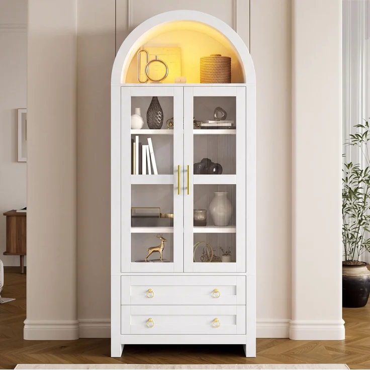 Standvitrine 76 x 40 x 180 cm mit Glastüren, LED-Beleuchtung und 2 Schubladen – Bild 2
