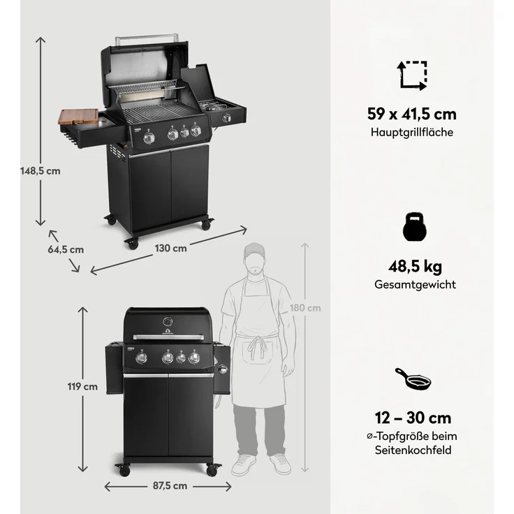BURNHARD® Gasgrill 3-Brenner 2x Edelstahl-Stabbrenner à 3,75 kW, 1x Infrarot-Keramikbrenner à 3,75 kW, Seitenkochfeld, Edelstahlrost, Piezo-Zündung – FRED Deluxe - Schwarz - #947129 – Bild 3