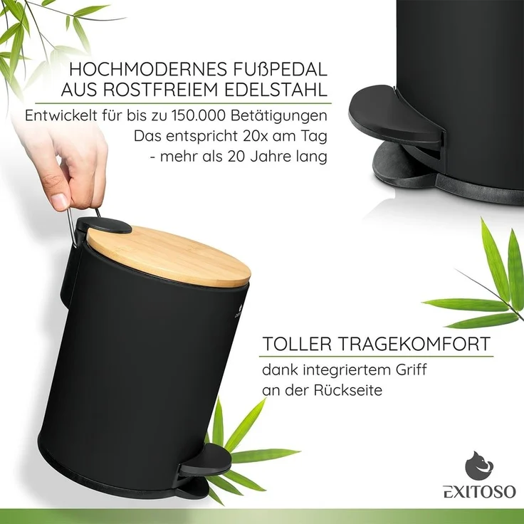 Exitoso Mülleimer 3 L leicht entleerbar Bambus, Kosmetikeimer WC-Eimer Tretmülleimer klein, mit Softclose-Funktion – Bild 5