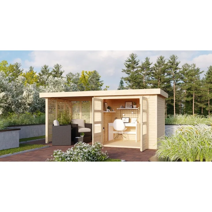 Karibu 19mm Gartenhaus Askola 3 mit Anbau 2,40m unbehandelt mit Lamellenwänden