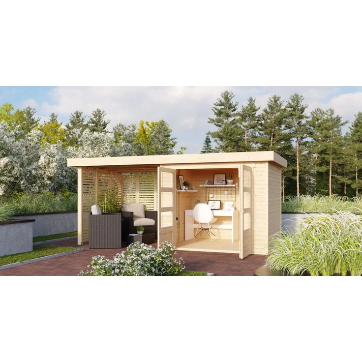 Karibu 19mm Gartenhaus Askola 3 mit Anbau 2,40m unbehandelt mit Lamellenwänden – Bild 1