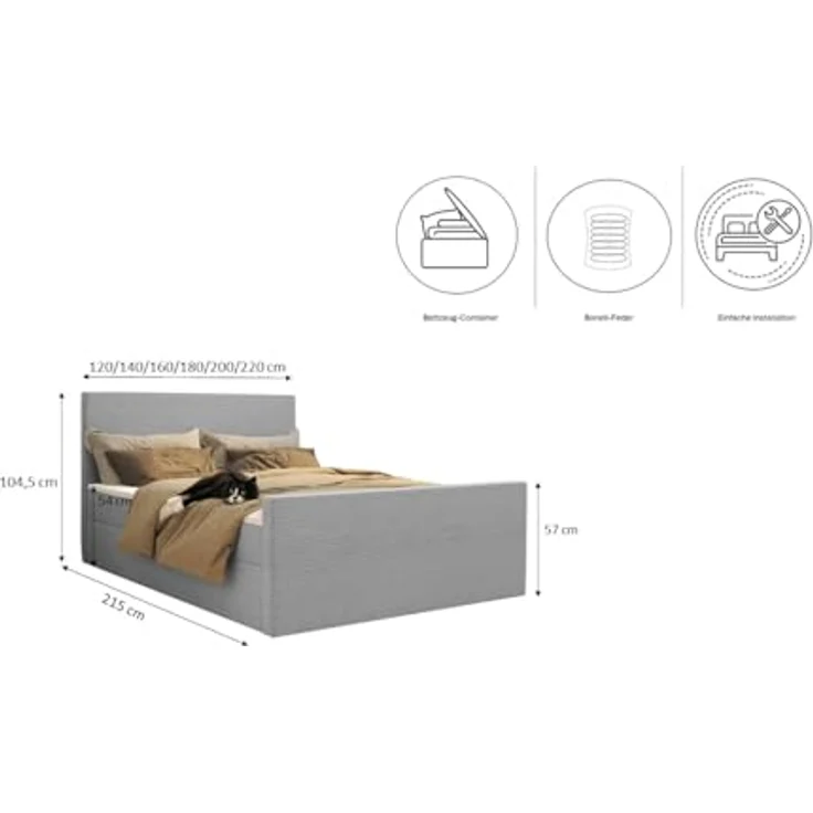Kaiser Möbel Boxspringbett Viesta, 140x200 cm, mit Bettkasten und Viscoschaum-Topper, Cordstoff Poso Hellgrau H3 – Bild 2