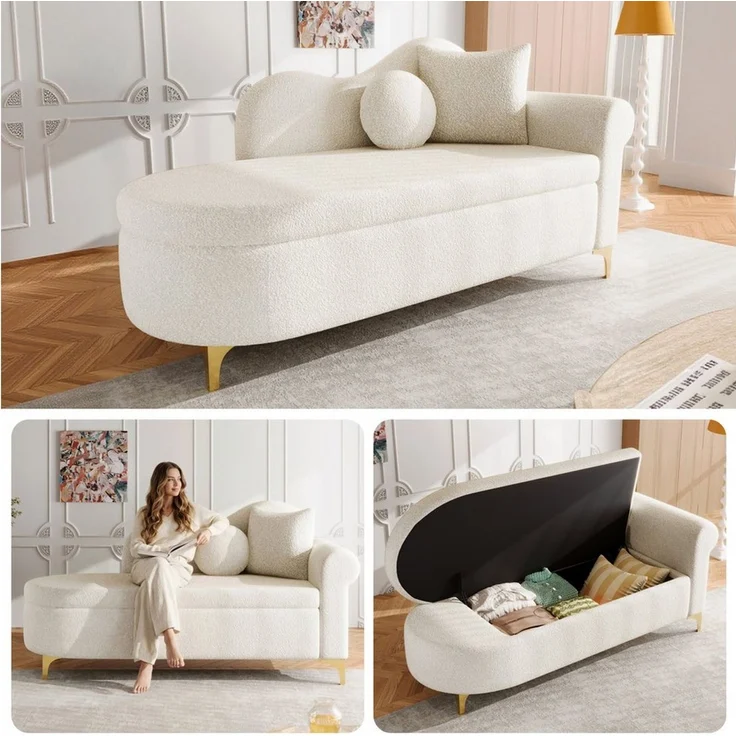 Odikalo Chaiselongue Relaxsessel Freizeitstuhl mit Stauraum & Schlaffunktion, modernes Design wellenförmige Rückenlehne Lammfell-Optik-Stoff hochdichter Sitzkissen inkl Lendenkissen Nackenkissen 134cm – Bild 3
