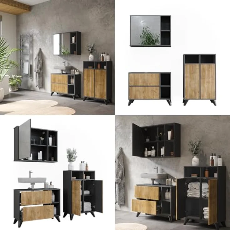 Vichy Badmöbel-Set Leano, Waschbeckenunterschrank und Spiegelschrank, Anthrazit/Bergeiche, 80 cm, Set 2 – Bild 8