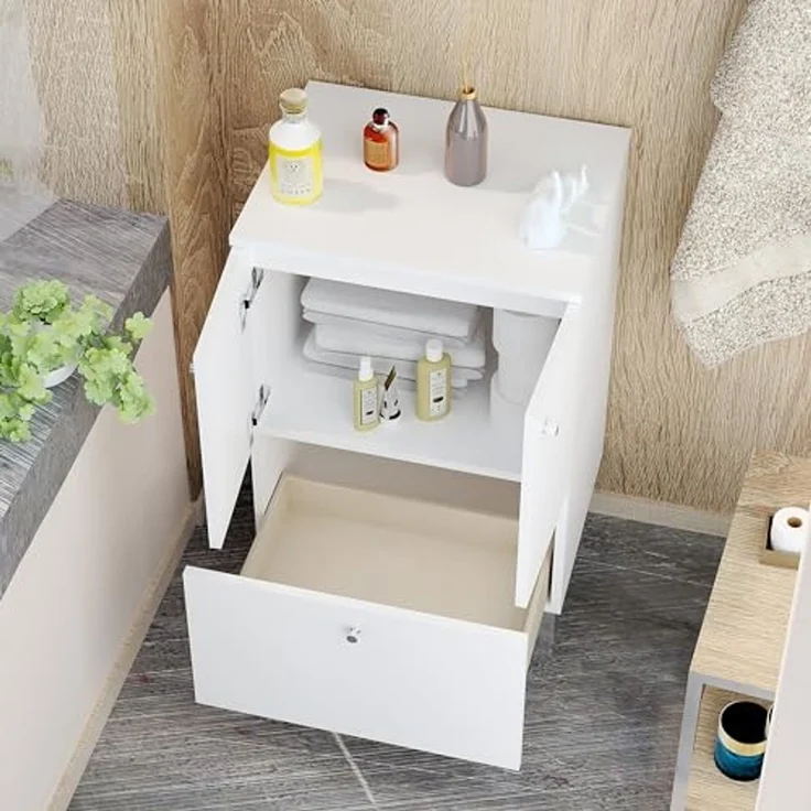 Baikal Badezimmerschrank, Bodenschrank, Aufbewahrung für Badezimmer oder jeden Raum, 2 Türen und Schublade, ideal für kleine Toiletten, zusammengebautes Möbelstück, 2 Türen + Schublade, 51 cm, Weiß – Bild 3