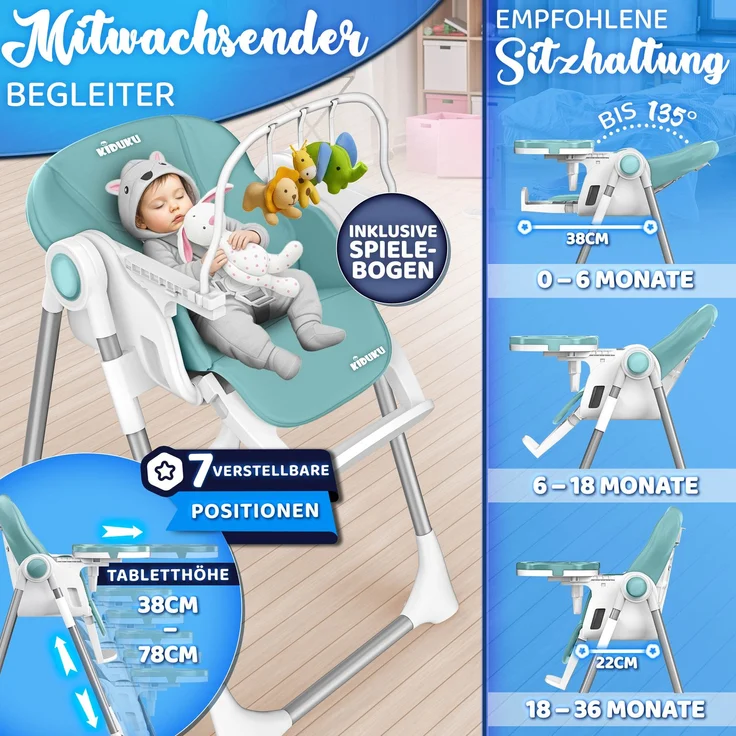 KIDUKU® Hochstuhl Baby 3in1 mit Neugeborenenaufsatz + Lätzchen, Spielbogen & Tisch | Kinderhochstuhl klappbar mit Liegefunktion | Kombihochstuhl höhenverstellbar | Babystuhl mitwachsend 0-36 Monate – Bild 7