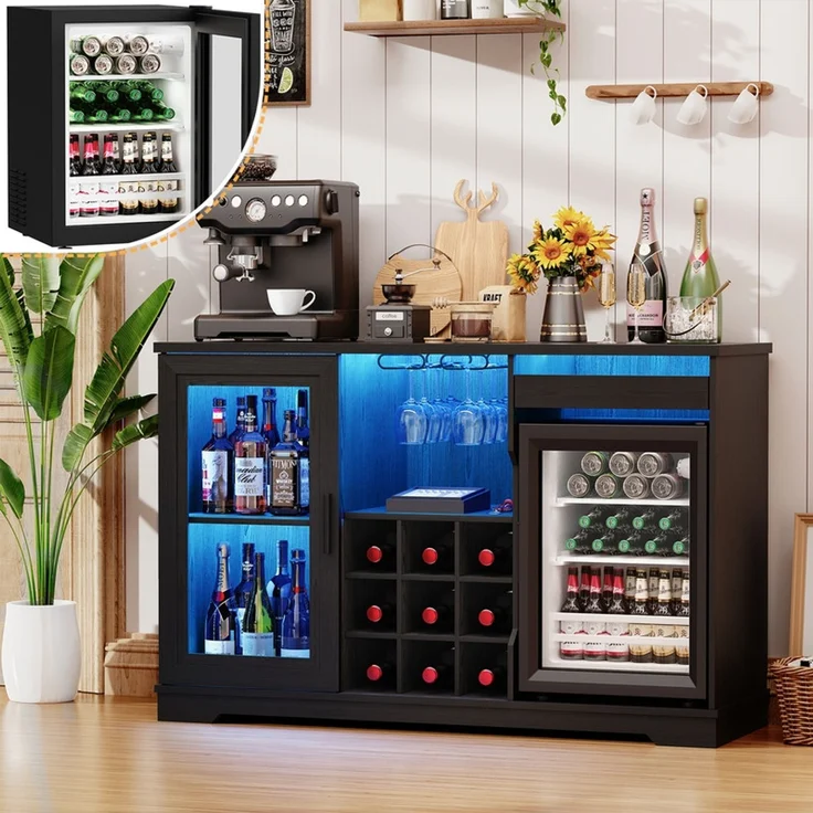Weinschrank 120x40x78 cm mit LED-Beleuchtung, 9 Weinregalen und 2 Glashaltern, Holz & Schwarz – Bild 9