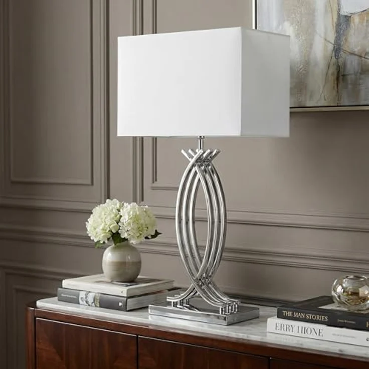 Arnusa Tischleuchte große Tischlampe 74 cm Chrom weißer Schirm Dekoleuchte E27, ohne Leuchtmittel, edle Lampe Chrom – Bild 6