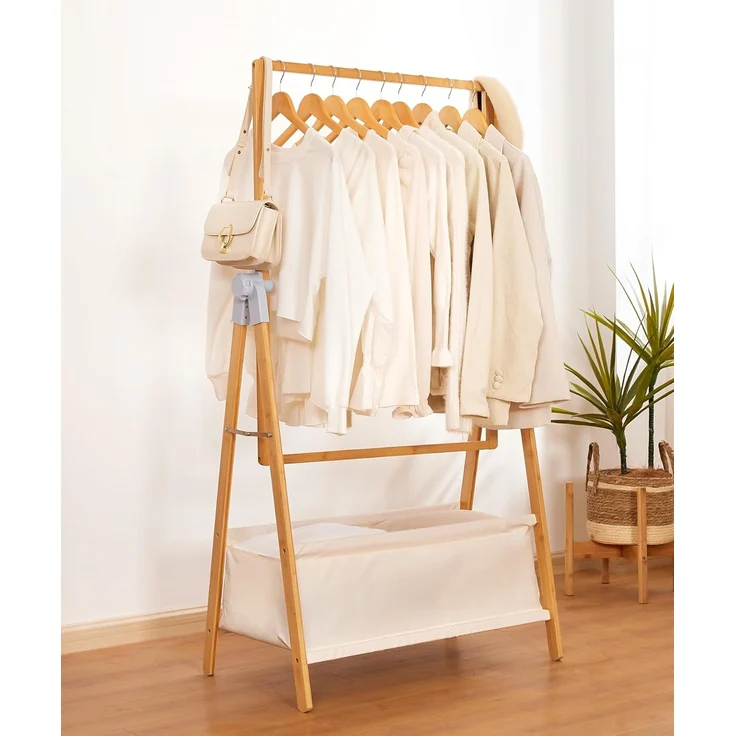 Yorbay Kleiderständer Bambus Garderobenständer mit Aufbewahrungskiste, Freistehender, (Kleiderständer mit Stoffsäcken, Faltbarer Garderobe), zum Aufbewahren von Kleidung 80 x 45 x 177 cm – Bild 7