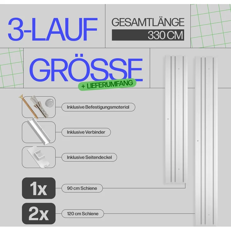Bestlivings Gardinenschiene ( Weiß ) 330cm (1x90/2x240 cm) 3-läufig – Bild 2