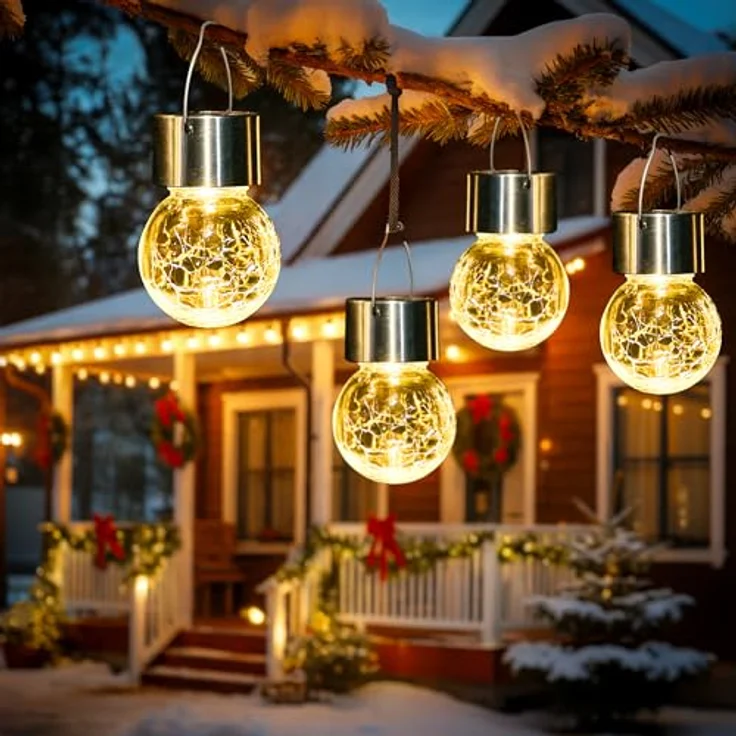 GIGALUMI 12 Stück Solar-Außenleuchten, Solar-Hängeleuchten für Weihnachtsdekoration, rissiges Glas, Solarleuchten für den Außenbereich, wasserdicht für Garten, Hof, Zaun, Baum (warmweiß) – Bild 2