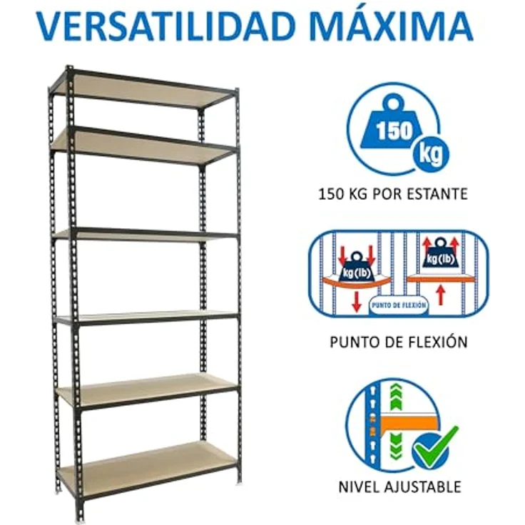 Simon Rack Schwerlastregal, 2500 x 1000 x 300 mm, Bis 150 kg Belastbar, 6 Verstellbare Ablagen, MDF-Platten, Kellerregal, Lagerregal, Anthrazit/Holz - Maderclick – Bild 5