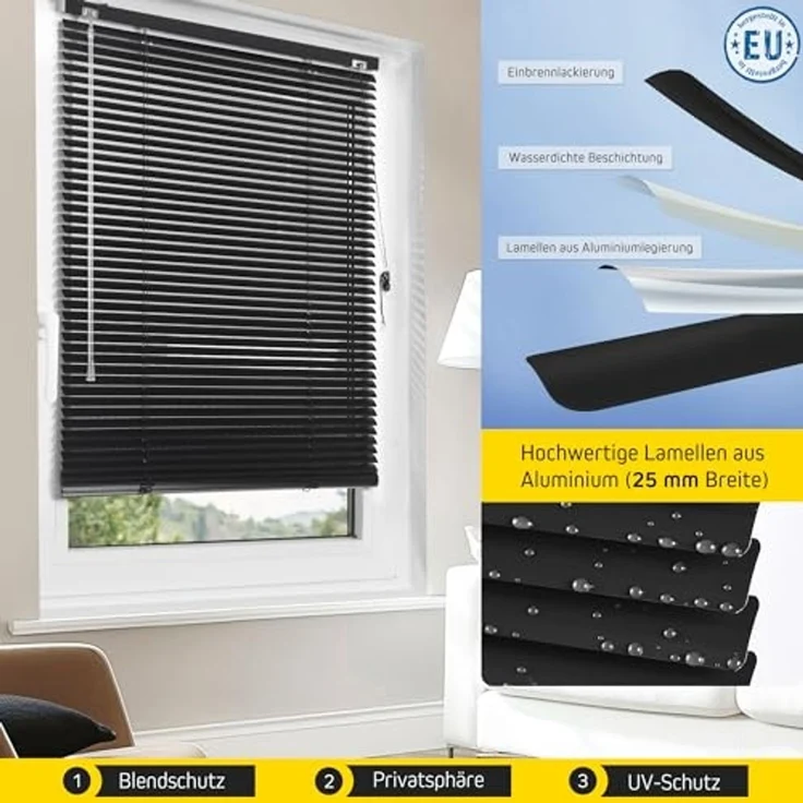 jalousiescout Jalousie LightLess Aluminium-Jalousie, 25 mm, 40 x 130 cm, schwarz matt, ohne Bohren, geklemmt oder verschaubt, Aluminium, vollverdunkelnd, Feuchtraumgeeignet – Bild 4