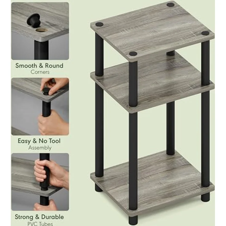 Furinno Beistelltisch mit 3 Ebenen, holz, Französische Eiche Grau/Schwarz, 34.04 x 29.21 x 57.91 cm – Bild 5