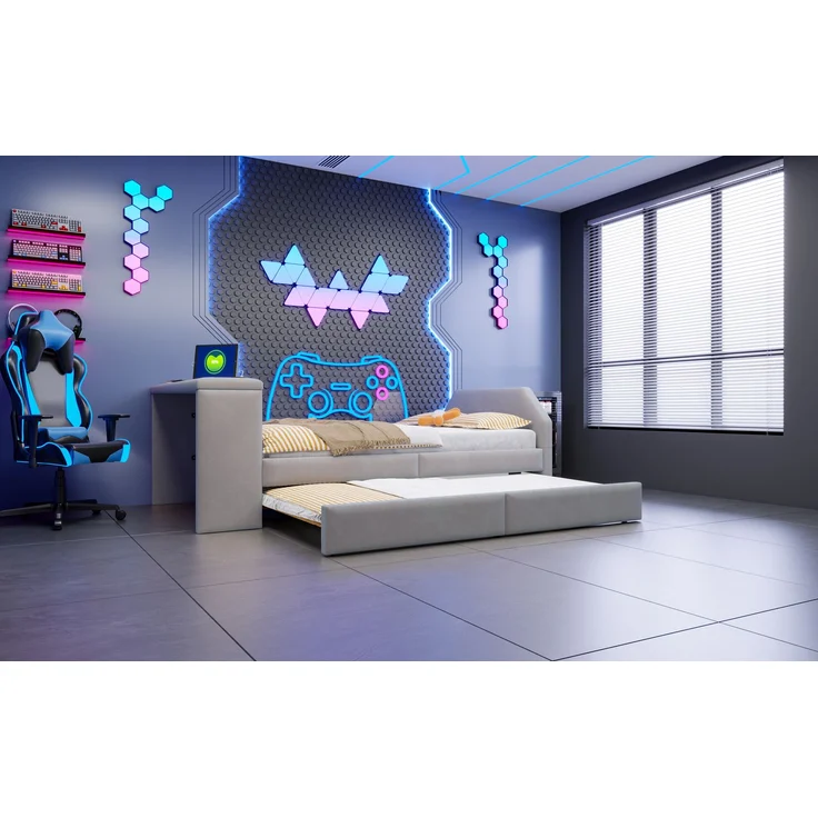 Merax Einzelbett, Kinderbett, Polsterbett 90 x 200cm mit integriertem Schreibtisch, USB-Ladeanschluss und ausziehbarem Gästebett; Samt-Bettgestell, Grau – Bild 7