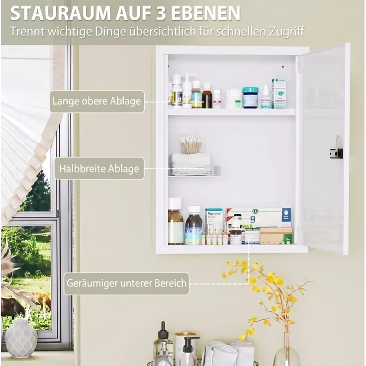 Medizinschrank 40 x 15 x 53,5 cm zur Wandmontage mit Zahlenschloss und drei Stauraumbereichen – Bild 5