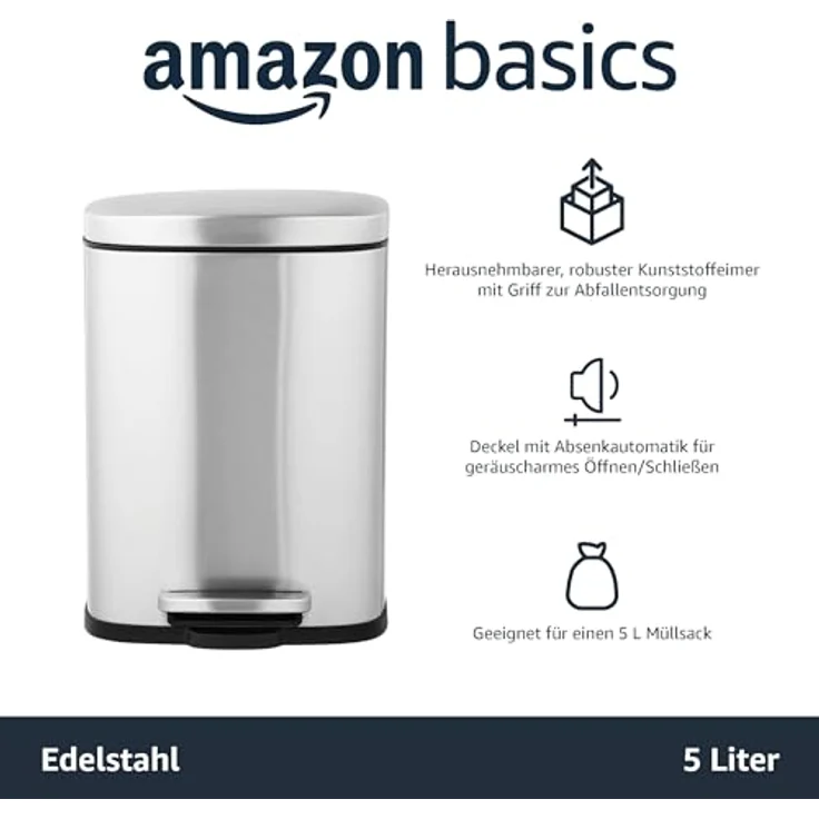 AmazonBasics Rechteckiger, sanft schließender Mülleimer,5 l, satiniert Nickelfarben – Bild 6