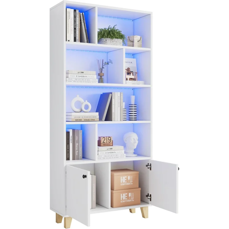 Flieks Bücherregal mit LED 80×30×173 cm, Standregal weiß, Regal mit Türen & offenen Fächern, Massivholzbeine, Fernbedienung – Bild 10