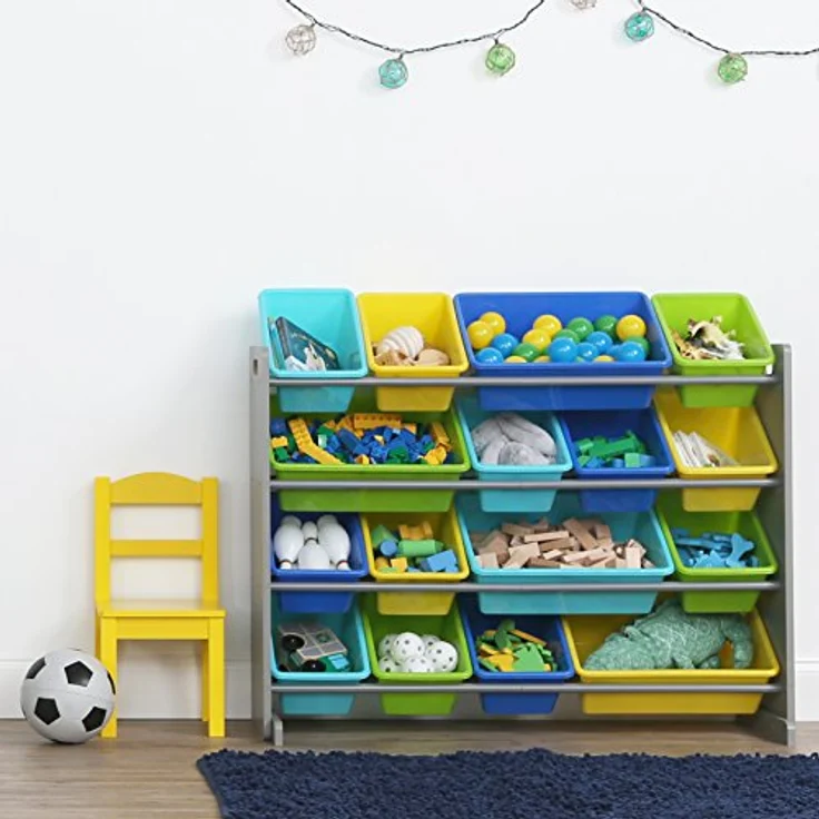 Humble Crew buntes Kinderregal, Grau/Blau/Grün/Gelb! 16 Boxen für Spielzeug, ideal für Kinderzimmer. Fröhliche Ordnung schaffen! – Bild 2