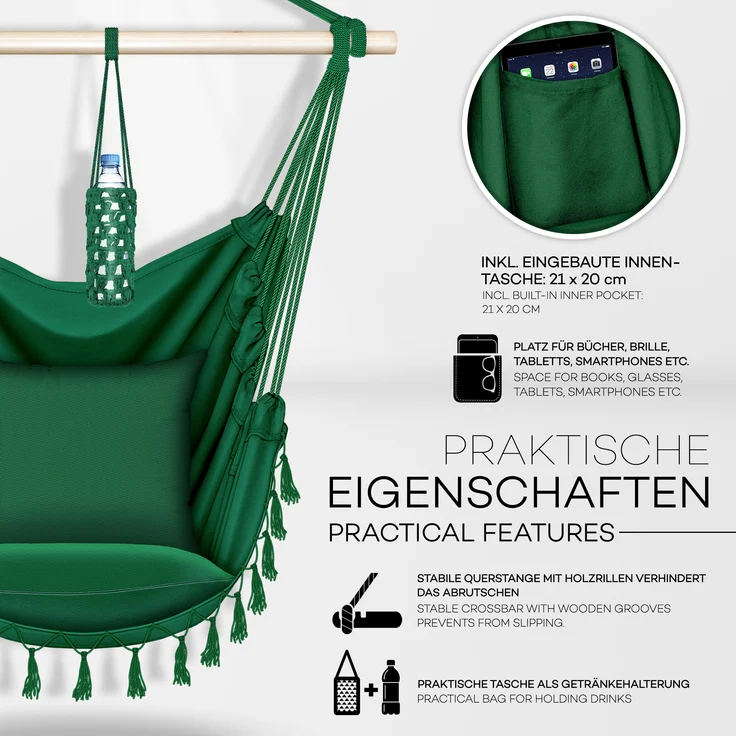 tillvex Hängesessel Grün 2 Kissen zum Aufhängen | Hängestuhl mit Getränkehalter & Bücherfach | Hängesitz wetterfest - Indoor & Outdoor | Hängekorb mit Tragetasche für Erwachsene & Kinder – Bild 4