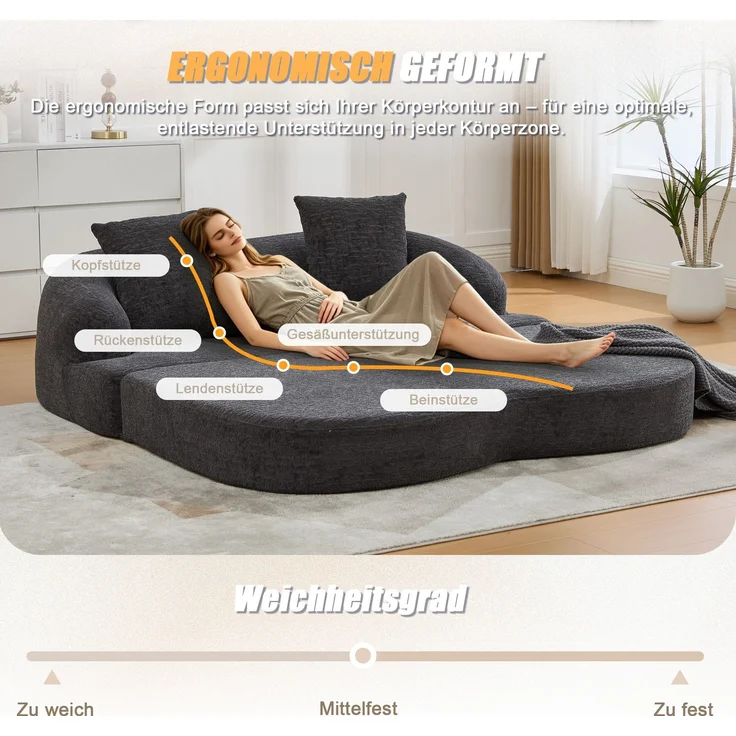 Rayofly-2-in-1 Schnellsofa Zweisitzer, 2 Kissen, ausklappbares Schlafsofa, dunkelgraue Chenille, für Gästezimmer & Wohnzimmer, H 65cm x T 157cm x B 84cm, Dunkelgrau – Bild 2