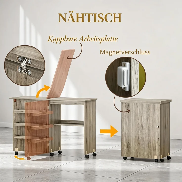Klappbarer Nähschrank, Näh­tisch mit Klappplatte, Aufbewahrungsboxen, offenem Regal und Rollen--Herde--117x40x77.5cm--YOUDENOVA – Bild 5