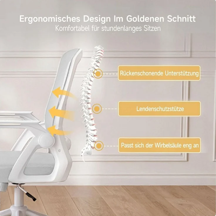 ZAISZE Bürostuhl Ergonomischer Bürostuhl mit Mesh-Rückenlehne und Lendenstütze (Verstellbarer Armlehnen, Atmungsaktiv, Höhenverstellbarer Schreibtischstuhl mit 90° Klappbaren Armlehnen), Verlängerte und Verbreiterte Rückenlehne, Drehstuhl fürs Homeoffice – Bild 2