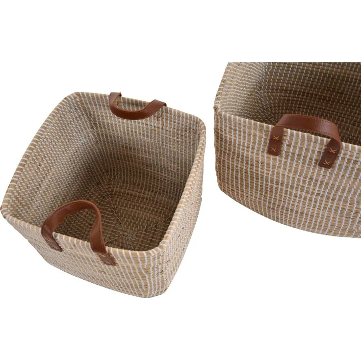 Krines Home Aufbewahrungskorb Set/2 Handgearbeitete Seegras Dekokörbe zur Aufbewahrung Flechtkorb (2 St, 2er-Set), Korb Natur mit weißen Wicklungen Hell Natur Quadratisch – Bild 2