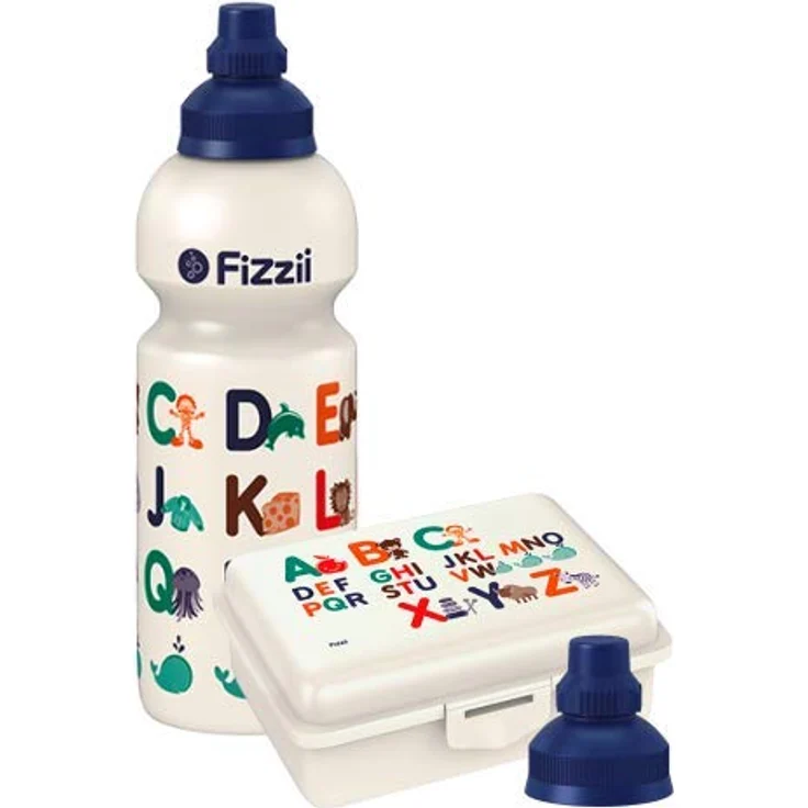 Fizzii Geschenkset Pausenset ABC (Trinkflasche 600ml + Lunchbox + Ersatztrinkverschluss, im hochwertigen Geschenkkarton) – Bild 3