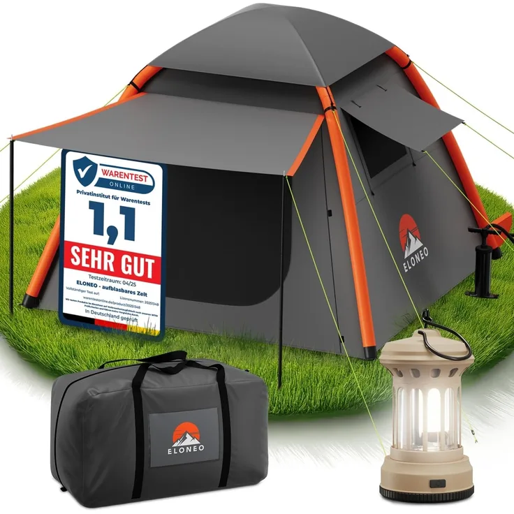 ELONEO Aufblasbares Camping Luftzelt 2-4 Personen Familienzelt mit Vordach, 250x250x190cm