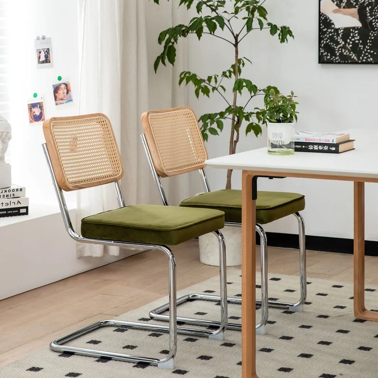 LVHOM Freischwinger 2er Set Esszimmerstuhl, Retro Küchenstuhl mit Chromgestell & Rattan-Rückenlehne, gepolsterter Samtsitz, stapelbar, moderne Wohnzimmerstuhl, Olivgrün – Bild 7