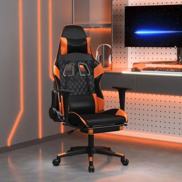 Gaming-Stuhl mit Massage & Fußstütze Schwarz Orange Kunstleder, Drehbar [345528]