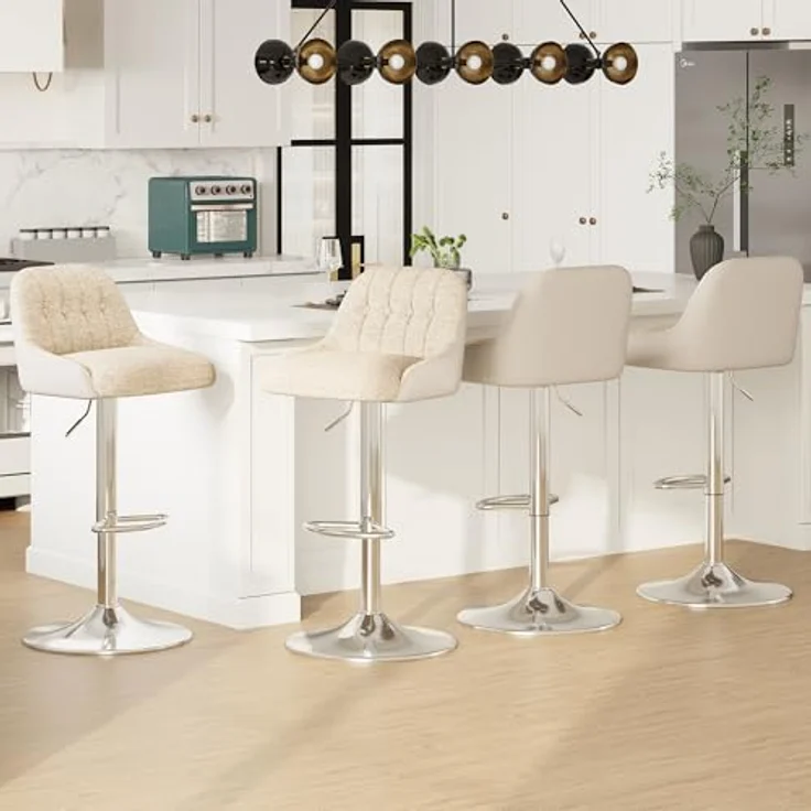 MALOL 360° Drehbarer Höhenverstellbarer Barhocker, Bar Hocker 4er Set mit Rückenlehne, Moderner Küchenhocker mit Metallfuß für Theke, Esszimmer, Barstuhl mit Kombination aus Leder und Bouclé, Beige – Bild 1