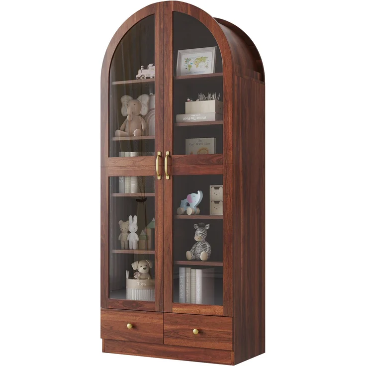 Vitrine 76 x 40 x 180 cm aus MDF und Glas, Nussbaum-Optik mit Bogenprofil – Bild 7