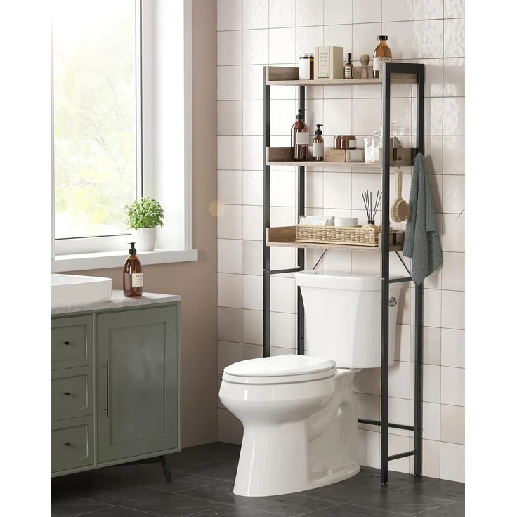 Vasagle Toilettenregal mit 3 offenen Ablagen, Holz | Stahl Greige-Schwarz, 63 x 25 x 165 cm – Bild 5
