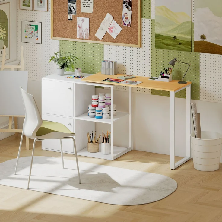 Schreibtisch L-förmig, 360° drehbarer Eckschreibtisch mit 2 Lagerschränken, 2 offenen Regalen, Computertisch für kleine Räume, Arbeitszimmer, Wohnzimmer, 150x40x75 cm, Weiß--Weiß--75x40x150cm--YOUDENOVA – Bild 9