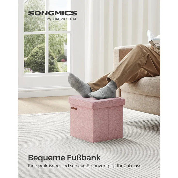 Songmics 30 cm Sitzbank mit Stauraum, klappbare Sitztruhe, Aufbewahrungsbox, Fußbank, pastellrosa LSF028R01 – Bild 3