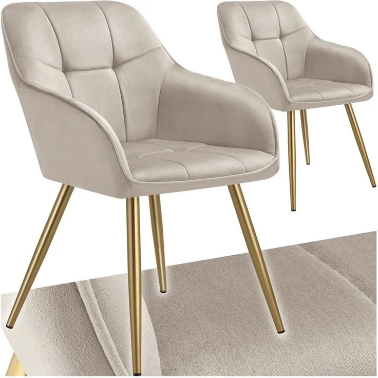 tectake Esszimmerstuhl Polstersessel gepolstert, in Samtoptik, gesteppt, 58 x 62 x 82 cm (Küchenstuhl Marilyn in taupe/gold, 2 St), schlanke, goldene Stahlbeine, bodenschonend, Belastbarkeit 120 kg – Bild 1