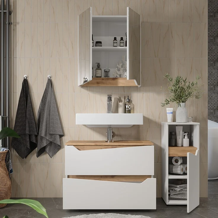 Badmöbel-Set Marelle Weiß/Artisan-Eiche 3-teilig Vicco – Bild 5