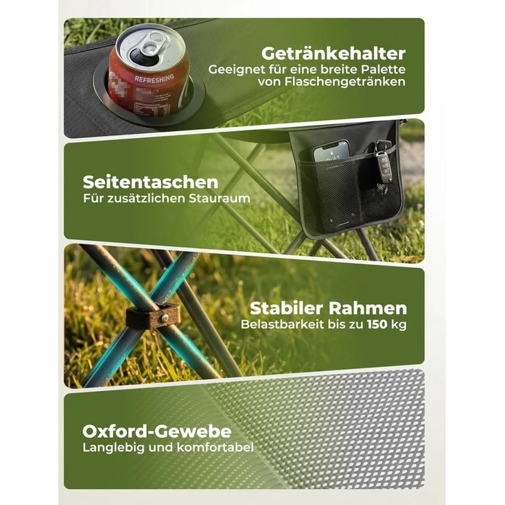 HOMECALL Campingstuhl Hochlehner 110cm mit Lendenwirbelstütze Klappstuhl Angelstuhl Faltbar (Bis 150kg, gepolstert, faltbar, stabil, 2 St), für Camp Garten Balkon – Bild 3
