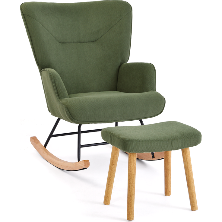 GOEURVANT 5006 Schaukelstuhl mit Hocker (Relaxsessel, Ohrensessel), Feincord - Grün – Bild 2