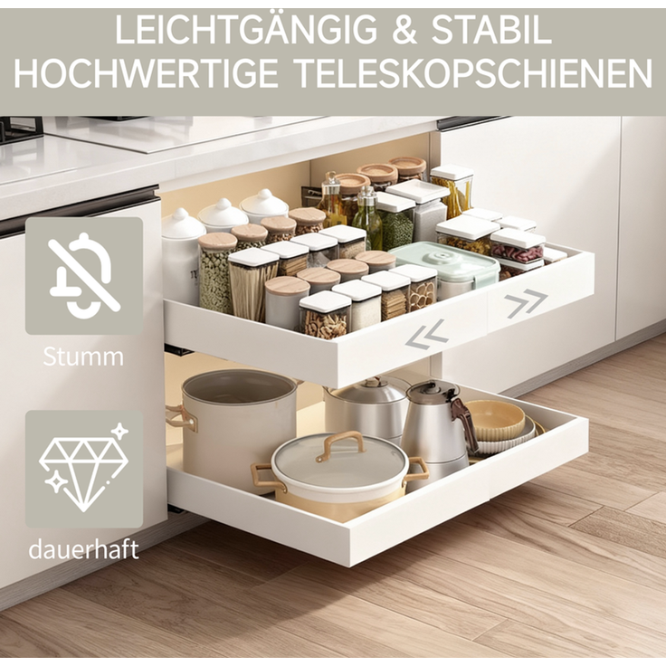 Home Nature Wohnkonzept Küchenschrank Ausziehschublade, 2er Set, mit Klebehalterung ohne Bohren, 52 x 42 x 7,5 cm, Karbonstahl, Vielseitig für Küche und Bad, Weiß – Bild 5