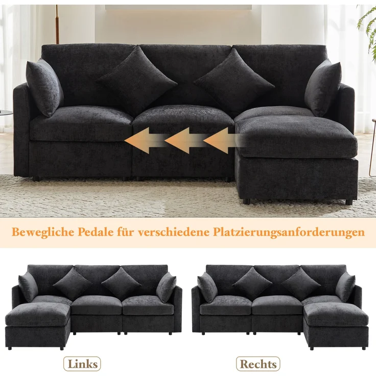 DESVIAE Sofa modular mit beweglichem Hocker 216x81x161 cm Chenille Grau – Bild 5