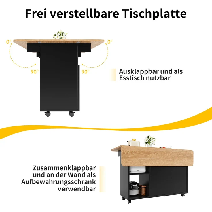 Merax Kücheninsel,Modernes Küchensiland, Küchenschrank, Abnehmbare Servierwagen buffetschrank, Speisewagen mit Holzmaserung, buffetschrank, Multifunktionale Esstisch mit Speicherraum, Schwarz – Bild 5