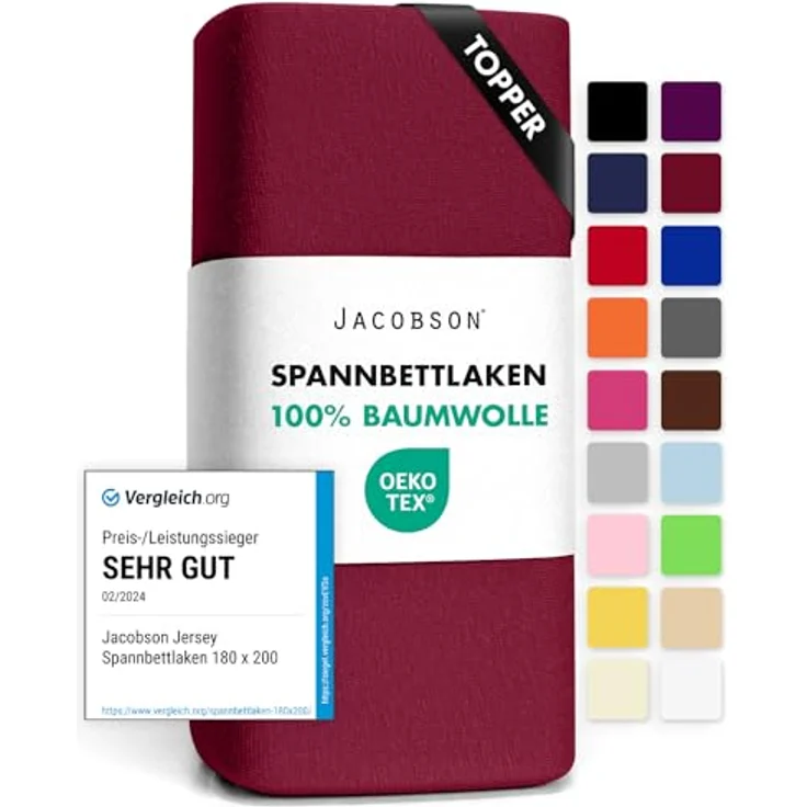 Jacobson Jersey Spannbettlaken Spannbetttuch Baumwolle Bettlaken (Topper 90-100x200 cm, Bordeaux) – Bild 1